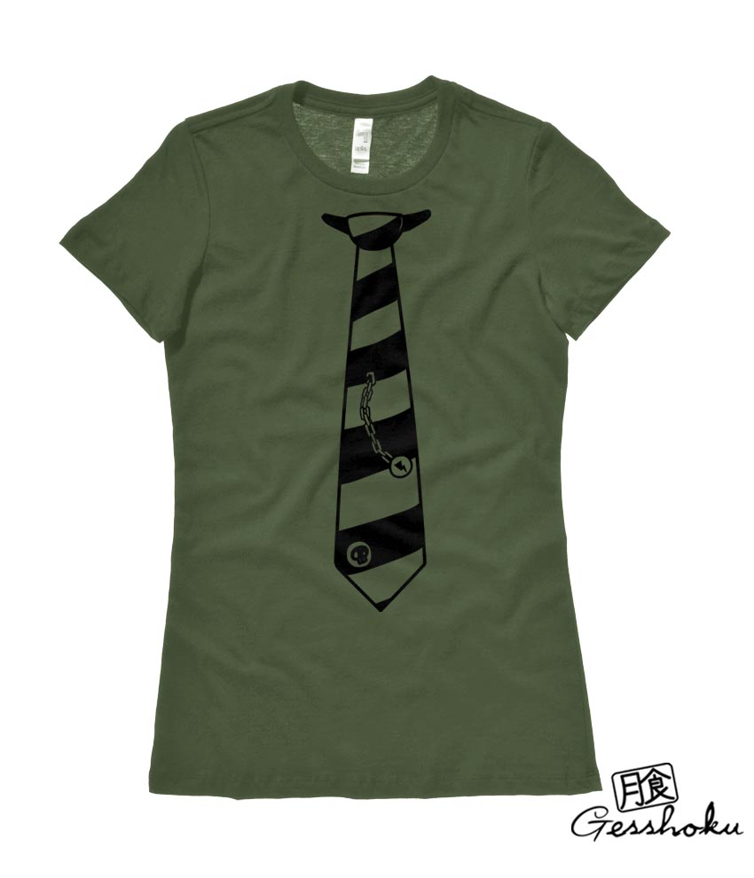 Fabulously Punk Striped Tie Ladies T-shirt - Olive Green