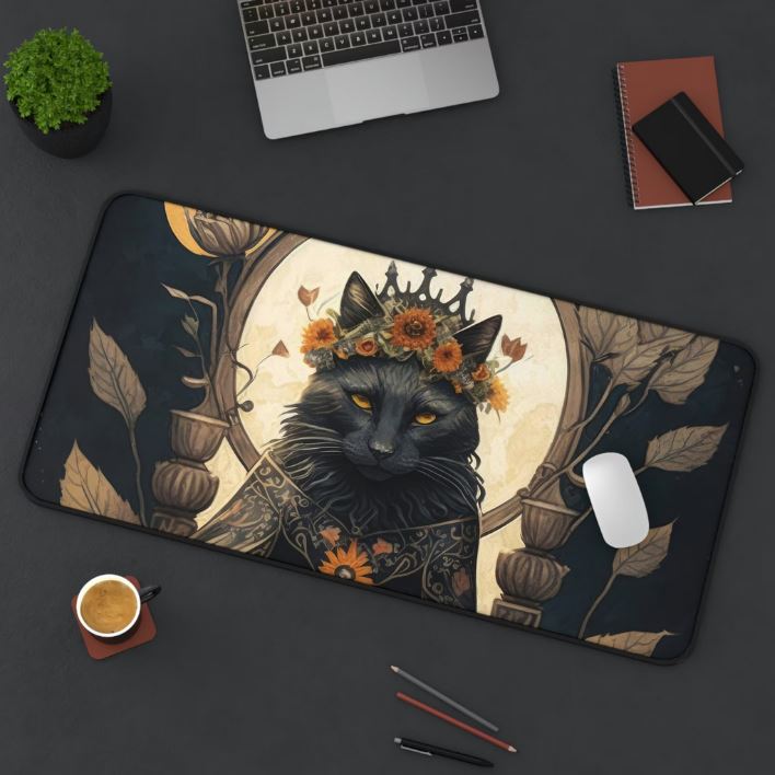 Queen of Wands Desk Mat - Fantasy Black Cat -