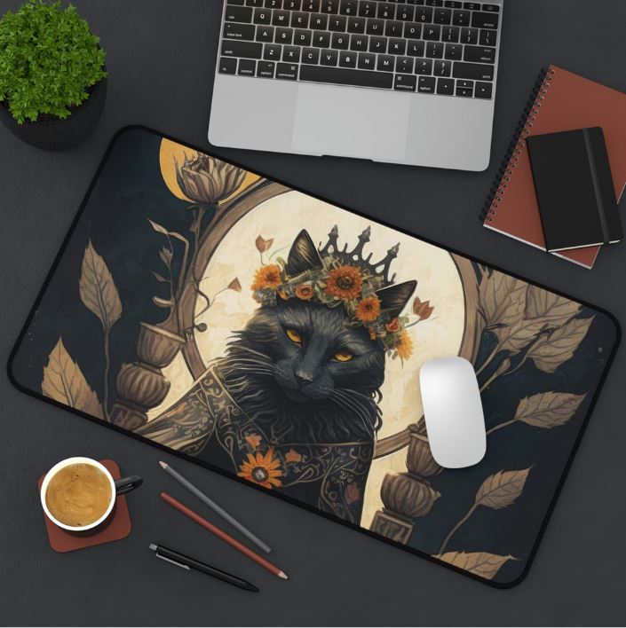 Queen of Wands Desk Mat - Fantasy Black Cat -