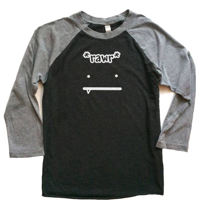 Rawr Face Raglan T-shirt 3/4 Sleeve - Grey/Black