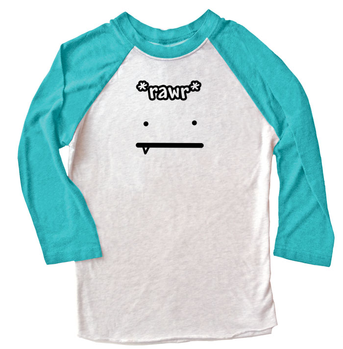 Rawr Face Raglan T-shirt 3/4 Sleeve - Teal/White