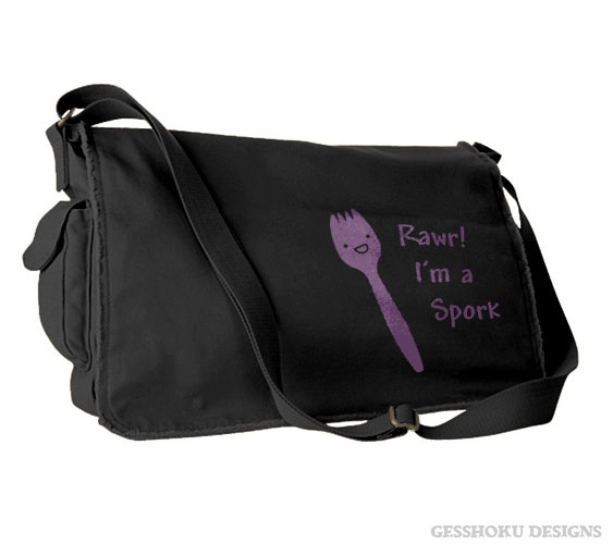 Rawr! I'm a Spork Messenger Bag - Purple/Black