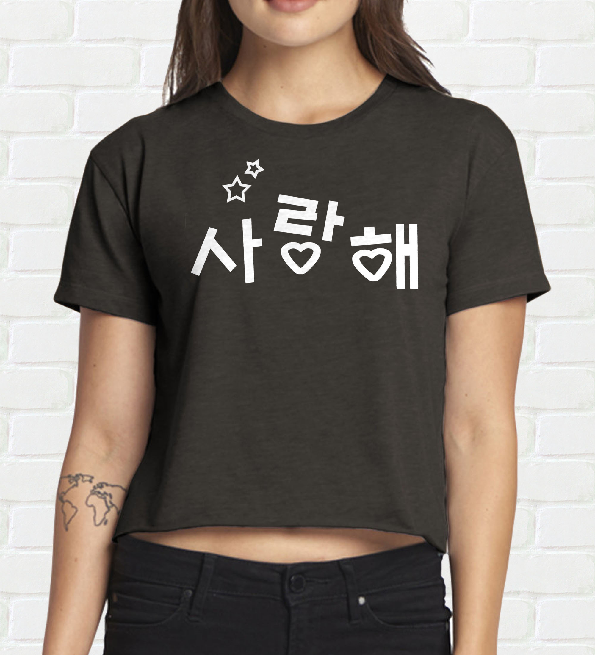 Saranghae Korean Crop Top T-shirt - Black