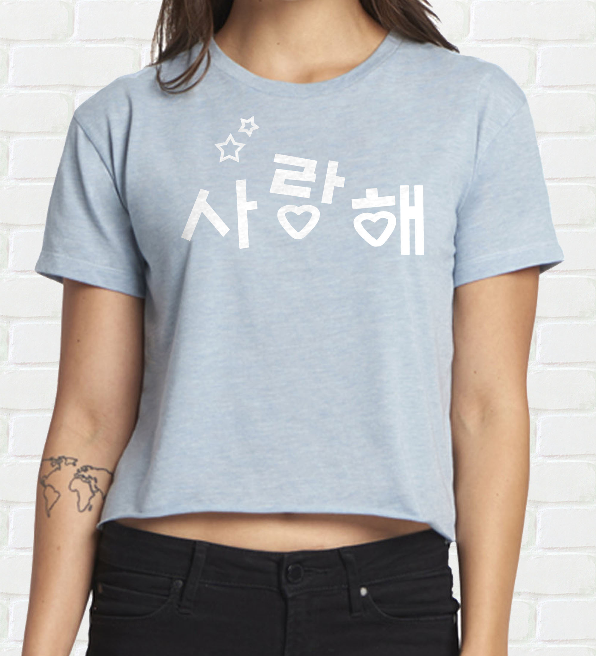 Saranghae Korean Crop Top T-shirt - Blue