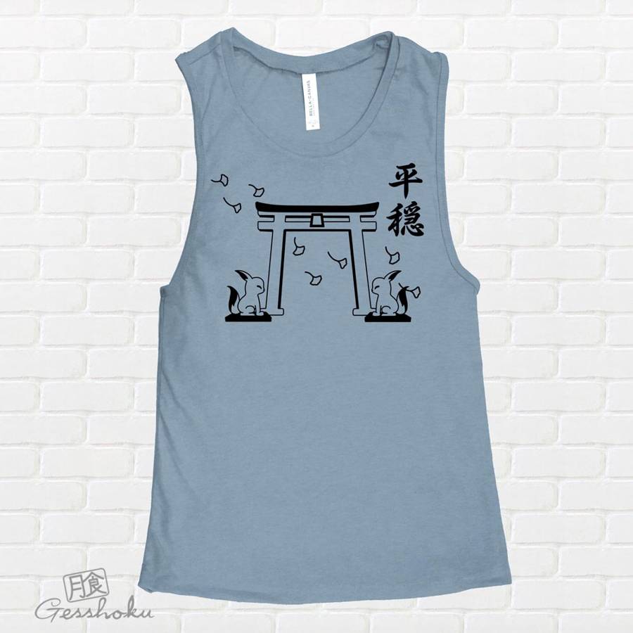 Tranquility Shrine Gate Sleeveless Tank Top - Denim Blue