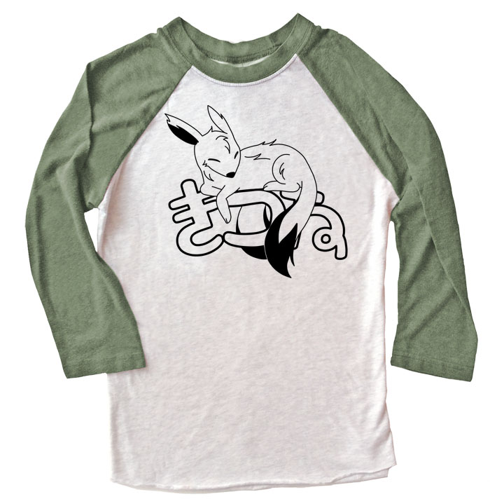 Sleepy Kitsune Raglan T-shirt 3/4 Sleeve - Olive/White