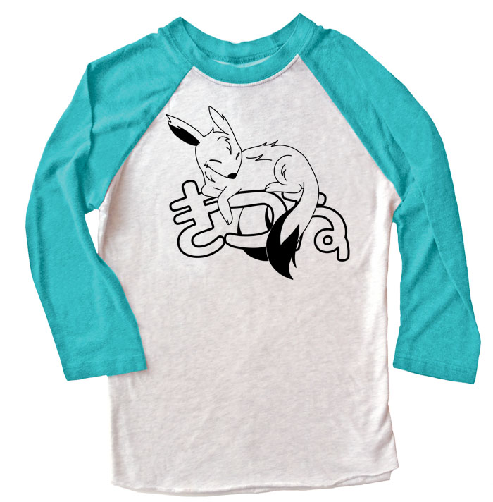 Sleepy Kitsune Raglan T-shirt 3/4 Sleeve - Teal/White