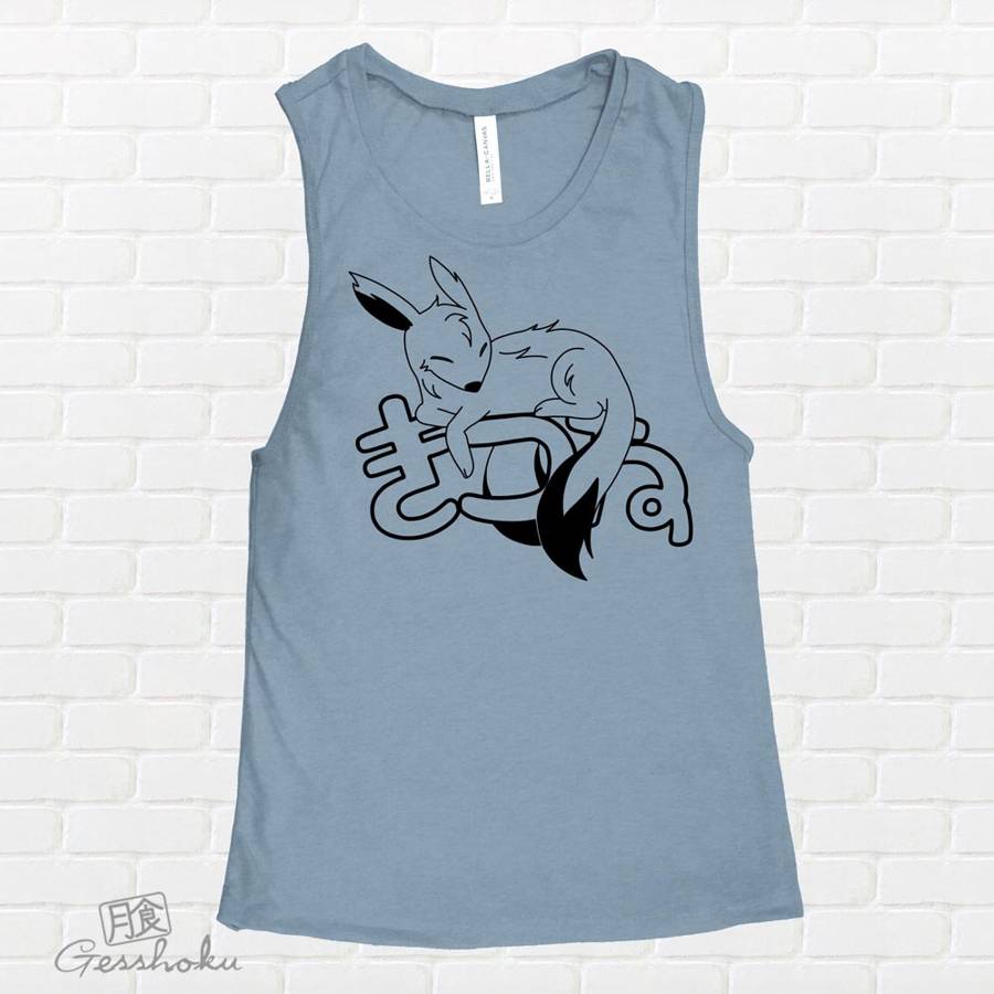 Sleepy Kitsune Sleeveless Tank Top - Denim Blue