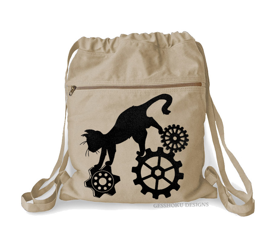 Steampunk Cat Cinch Backpack - Natural
