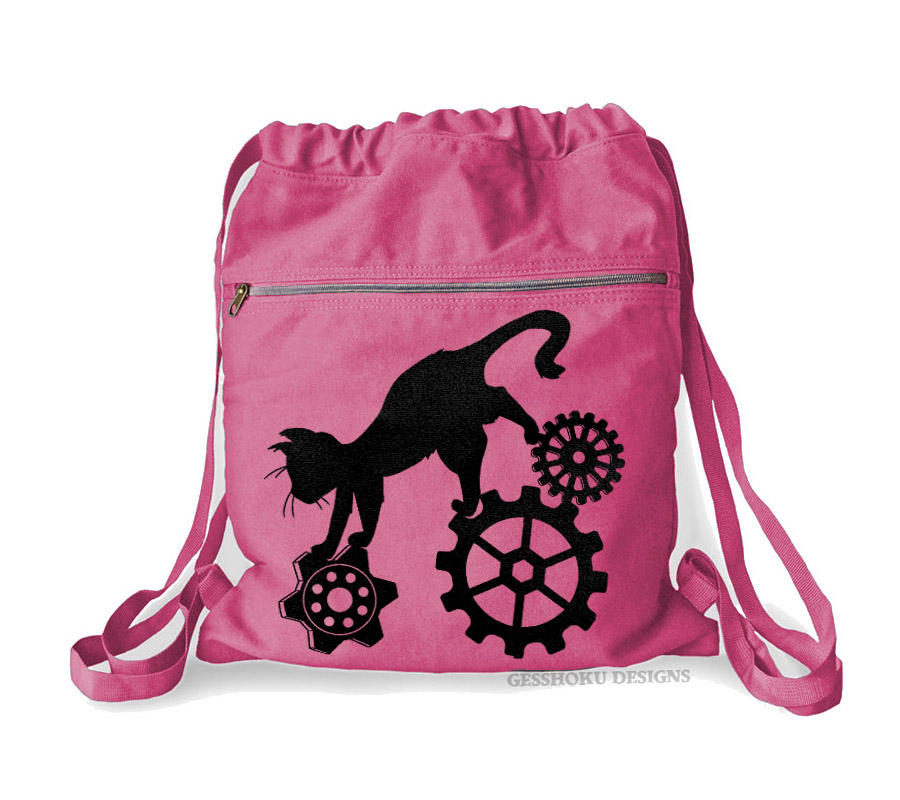 Steampunk Cat Cinch Backpack - Raspberry