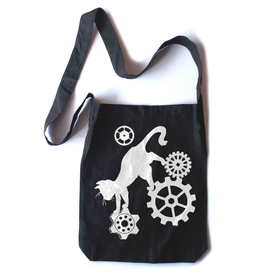 Steampunk Cat Crossbody Tote Bag - Black