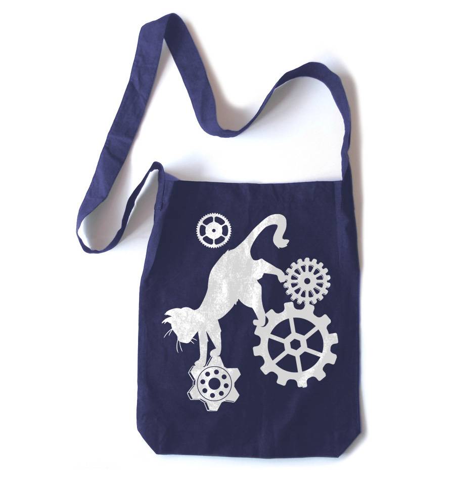 Steampunk Cat Crossbody Tote Bag - Navy Blue