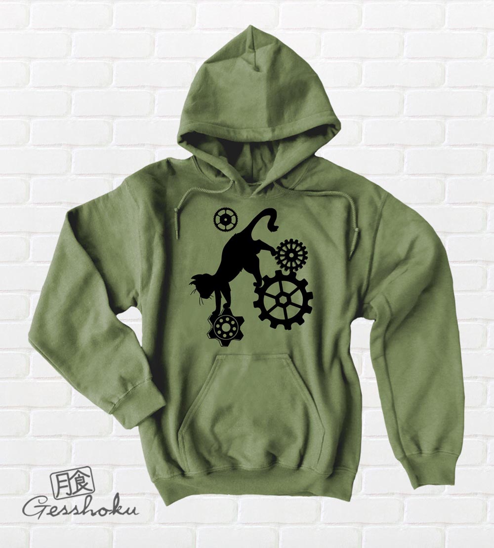 Steampunk Cat Pullover Hoodie - Olive Green