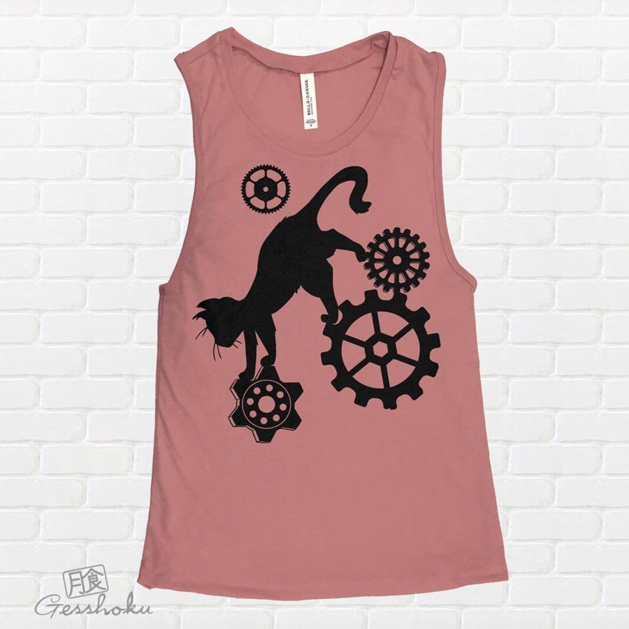 Steampunk Cat Sleeveless Tank Top - Rose Wine