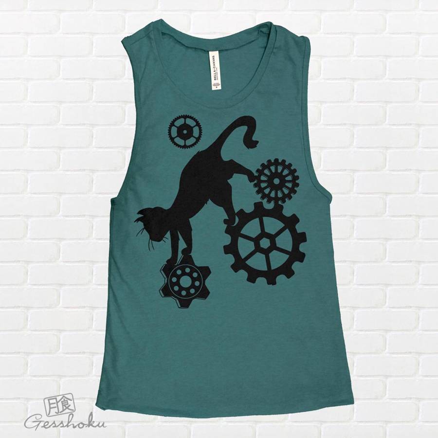 Steampunk Cat Sleeveless Tank Top - Dark Heather Teal