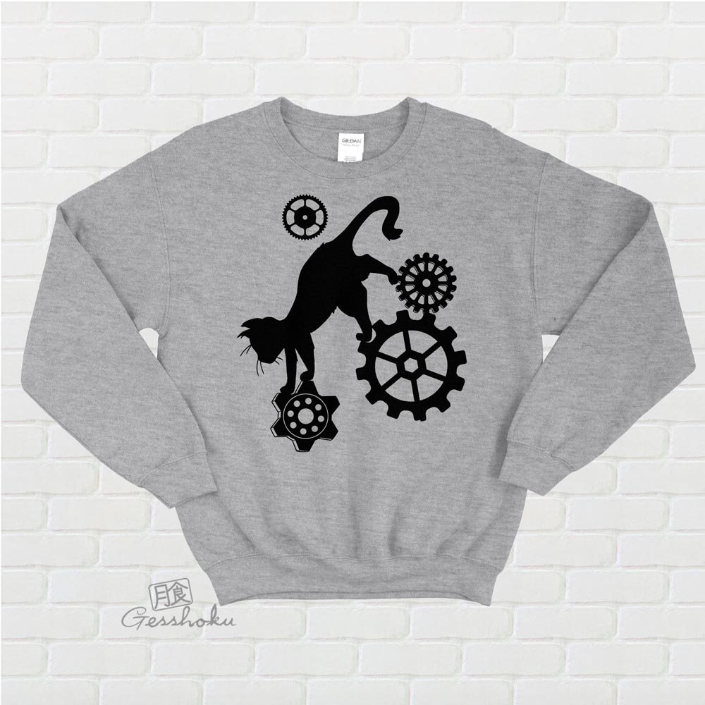 Steampunk Cat Crewneck Sweatshirt - Light Grey