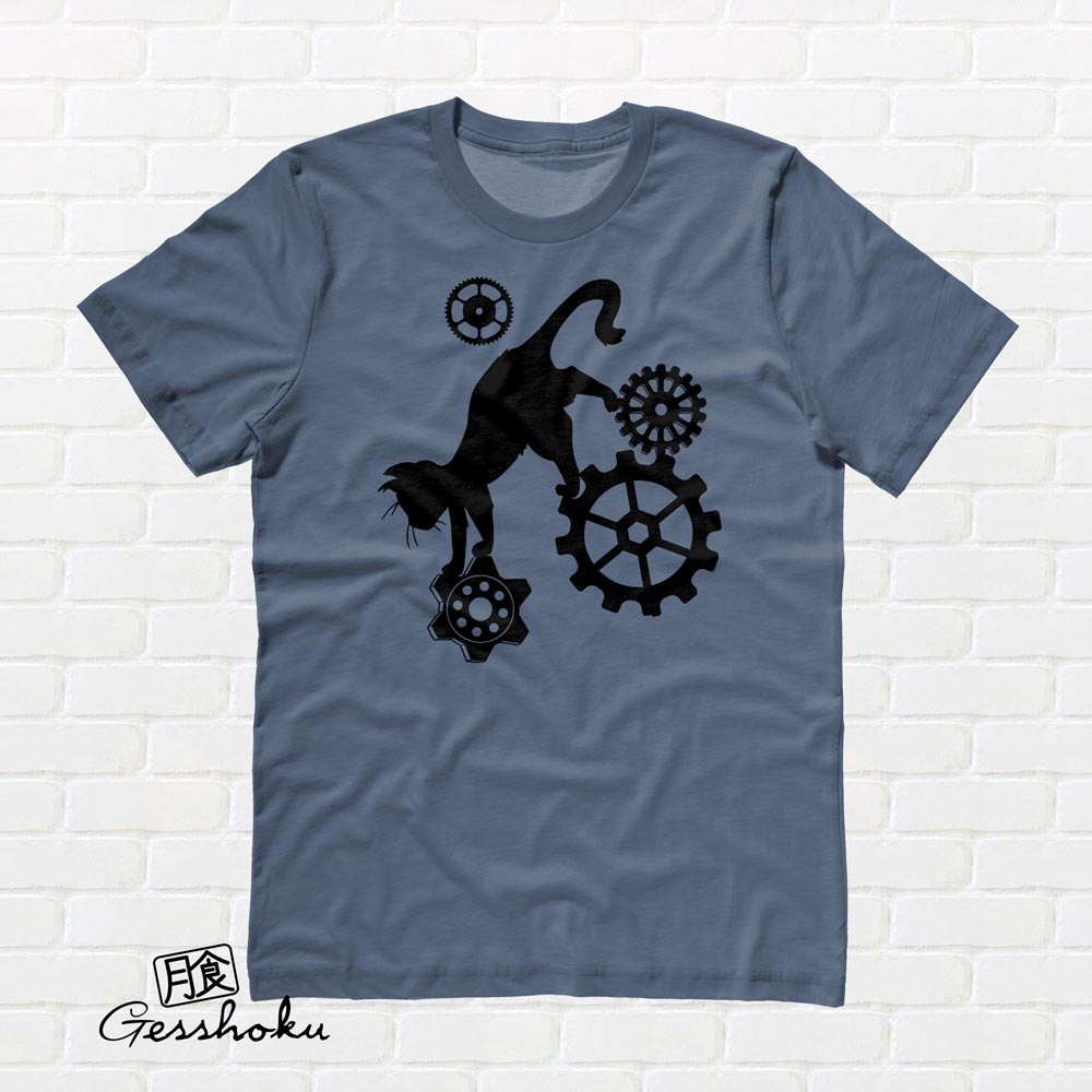 Steampunk Cat T-shirt - Stone Blue