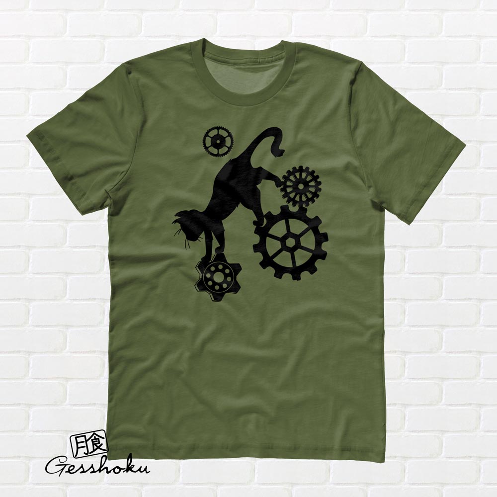 Steampunk Cat T-shirt - Olive Green