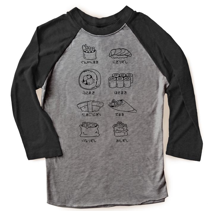 Sushi Types Raglan T-shirt 3/4 Sleeve - Black/Charcoal Grey