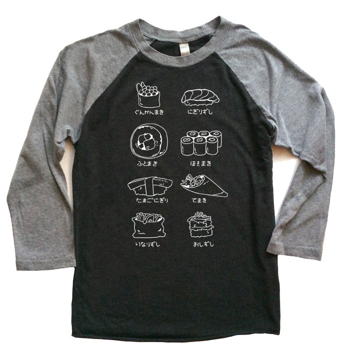 Sushi Types Raglan T-shirt 3/4 Sleeve - Grey/Black