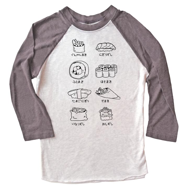 Sushi Types Raglan T-shirt 3/4 Sleeve - Grey/White