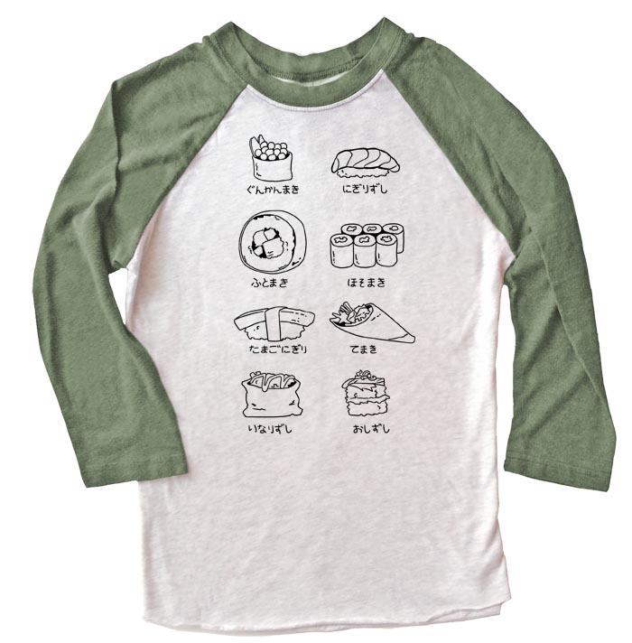 Sushi Types Raglan T-shirt 3/4 Sleeve - Olive/White