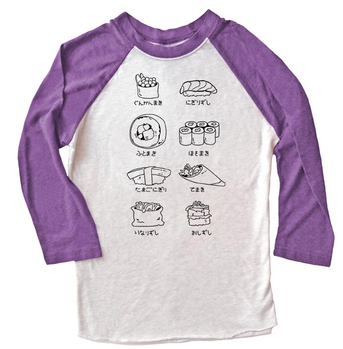 Sushi Types Raglan T-shirt 3/4 Sleeve - Purple/White