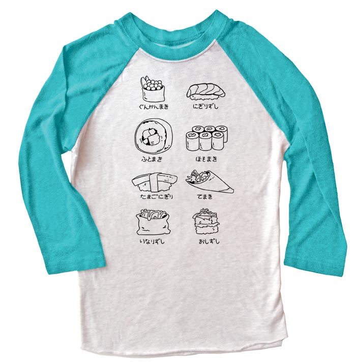 Sushi Types Raglan T-shirt 3/4 Sleeve - Teal/White