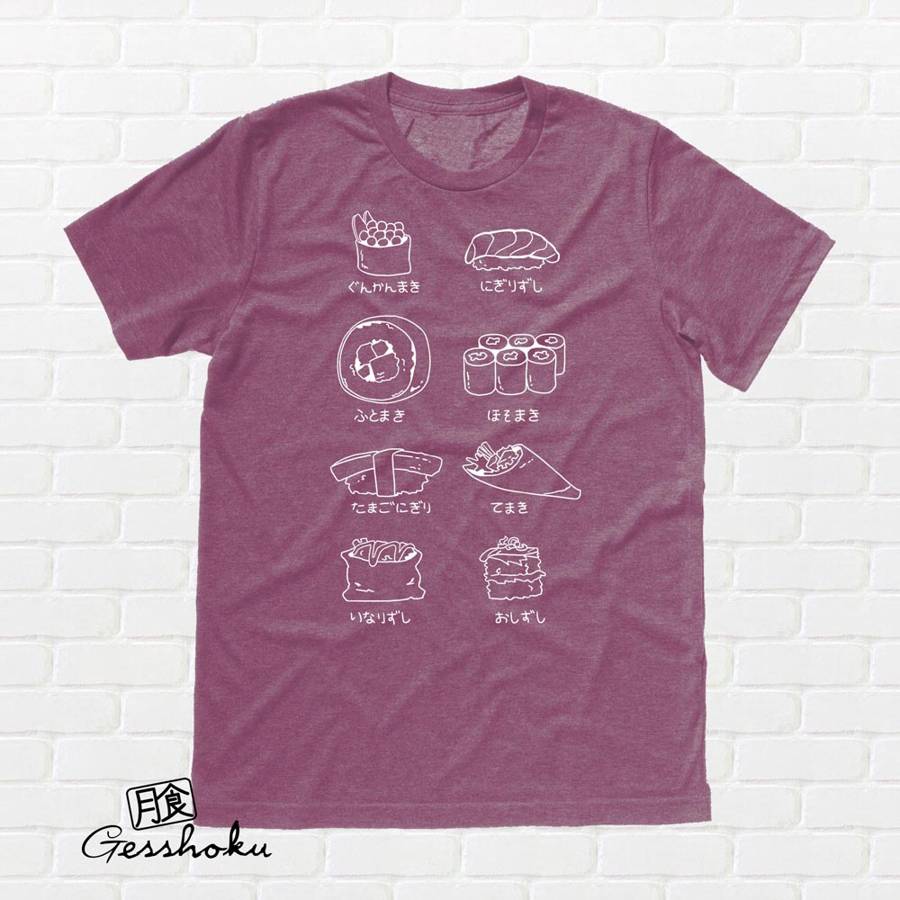 Sushi Types T-shirt - Heather Maroon