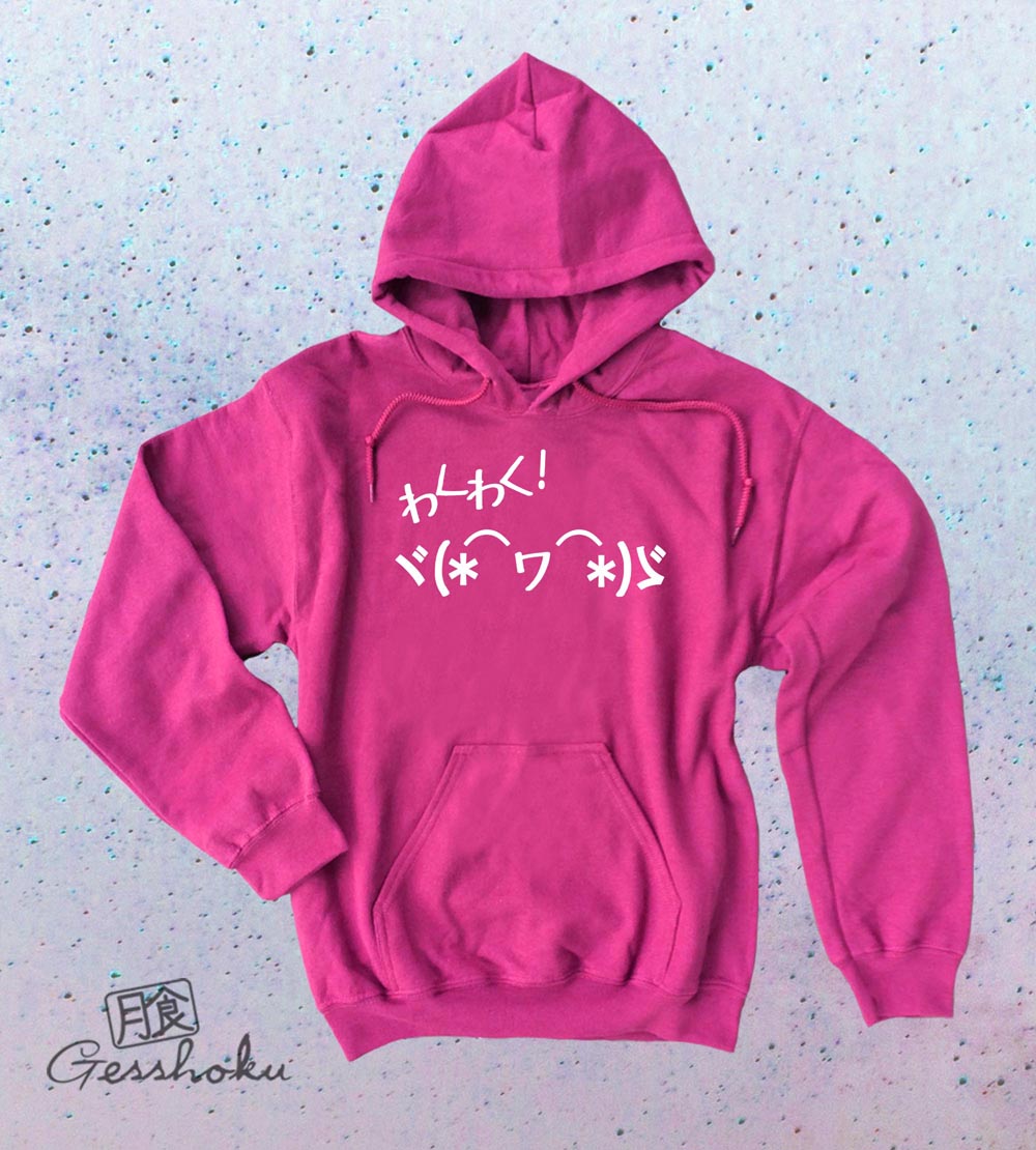 Waku Waku Kaomoji Pullover Hoodie - Hot Pink