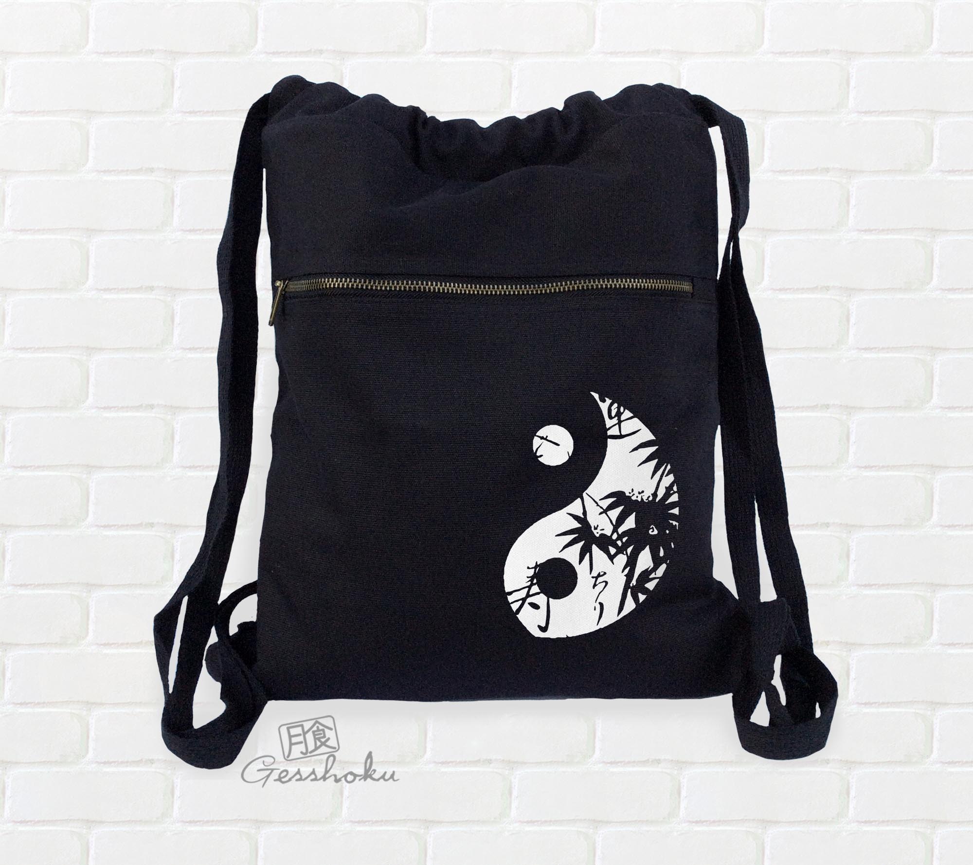 Asian Pattern Yin Yang Cinch Backpack - Black