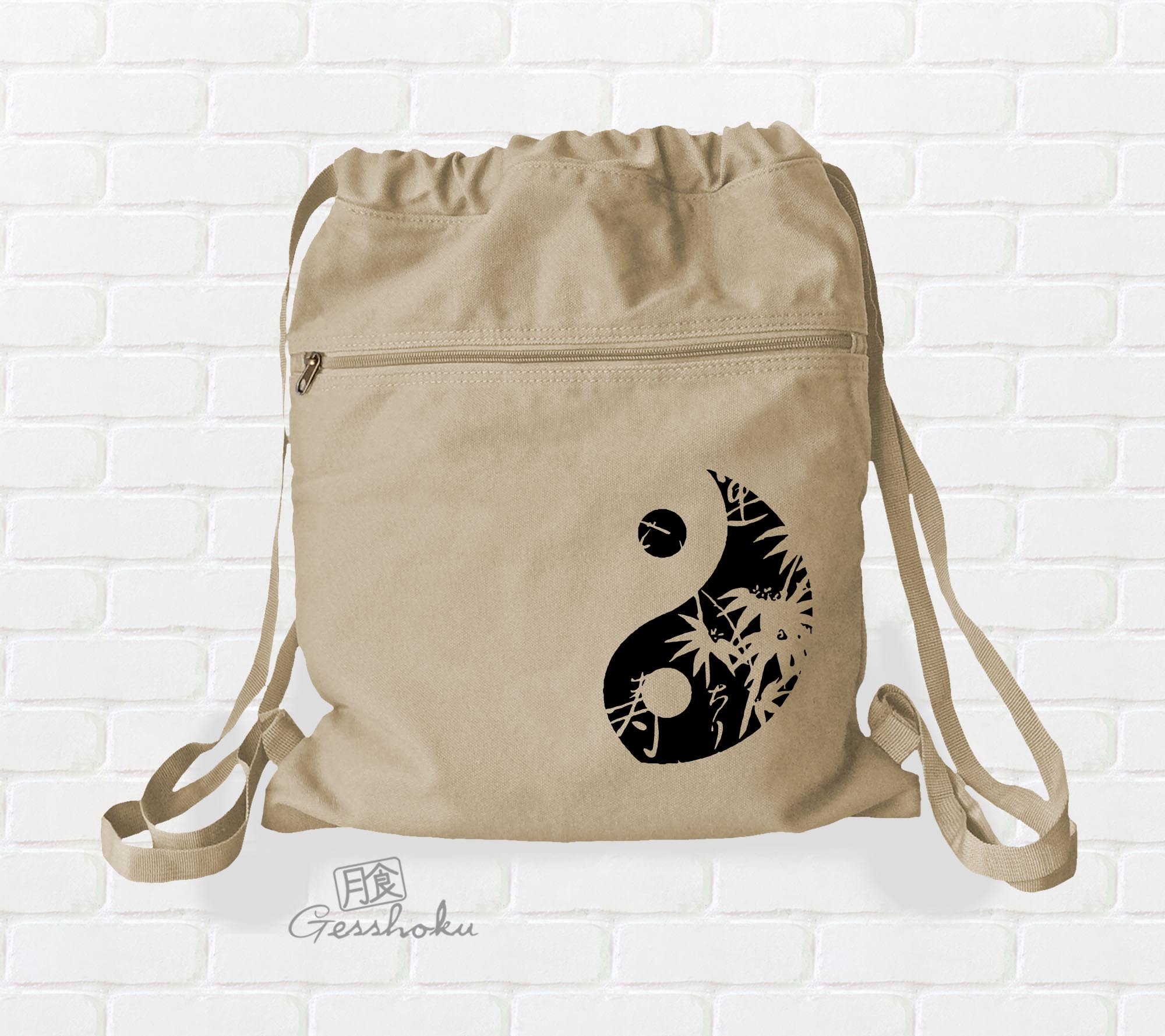 Asian Pattern Yin Yang Cinch Backpack - Natural