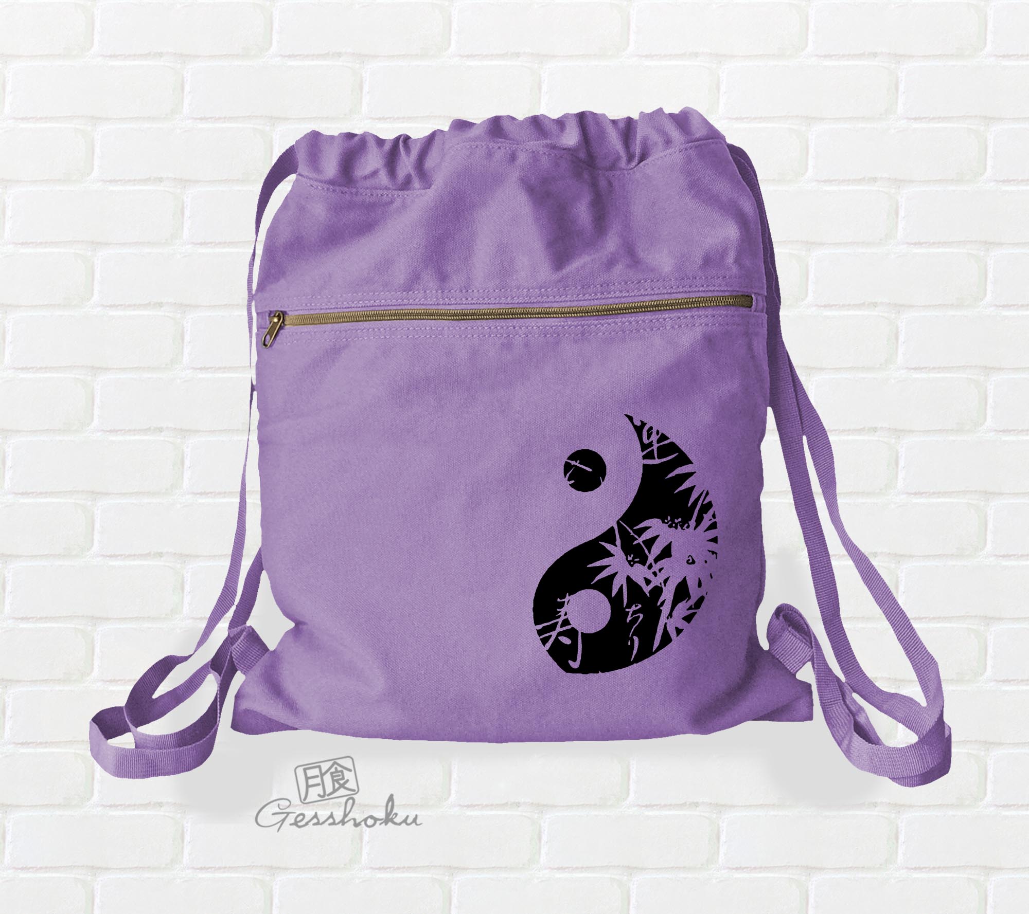 Asian Pattern Yin Yang Cinch Backpack - Purple