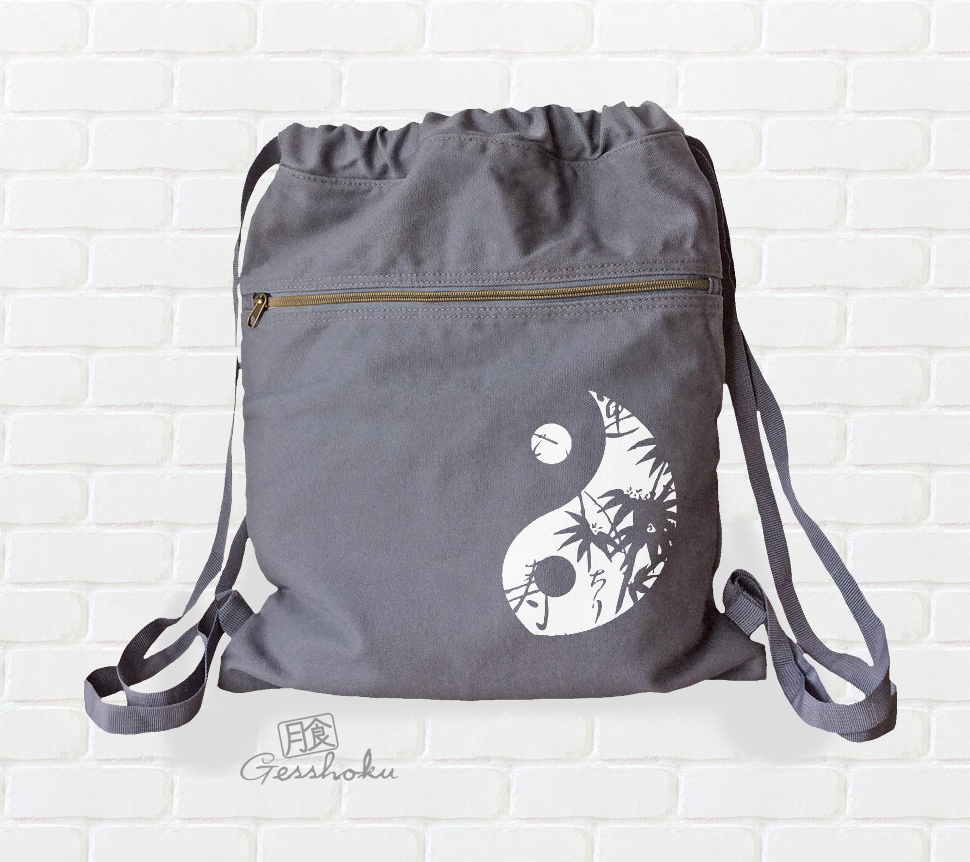 Asian Pattern Yin Yang Cinch Backpack - Smoke Grey